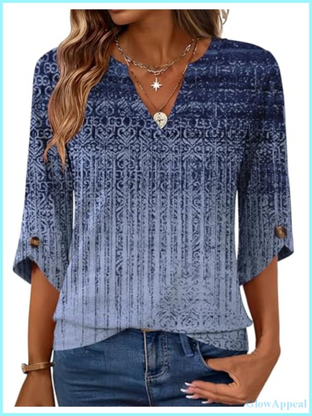 Womens 3/4 Sleeve Tunic Top V-Neck Bell Sleeve Blouse Business Casual